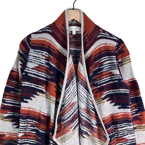 Lucky Brand Boho Aztec Print Waterfall Cardigan Small Rust Navy Southwest Knit - Picture 8 of 15